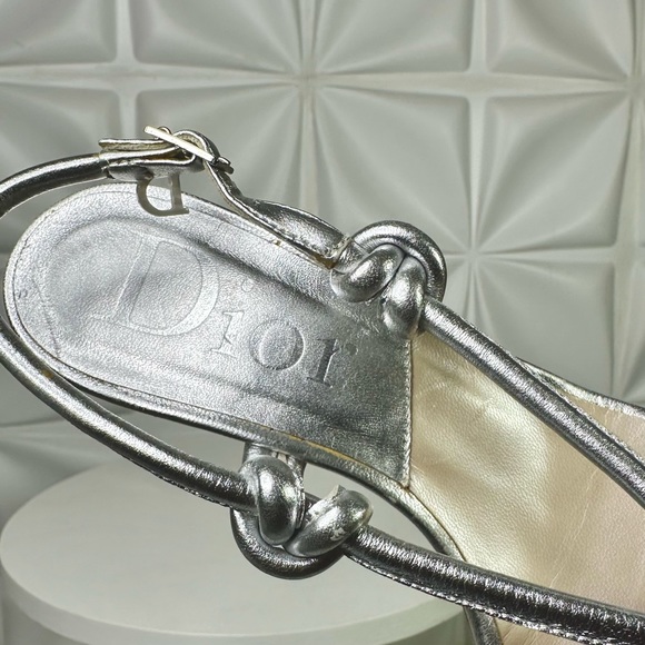 Christian DIOR silver metallic thong sandals heels flip flops sling backs 37.5 - Picture 14 of 14